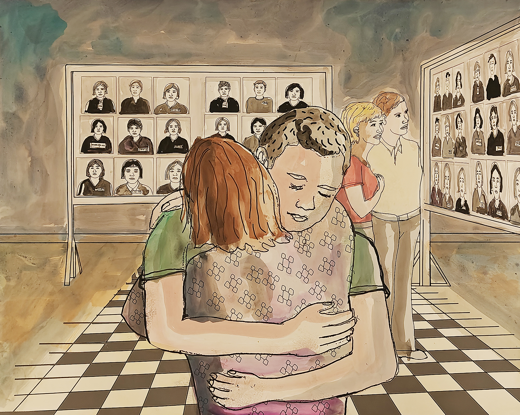 A art poster where a man is sitting and hugging a another women