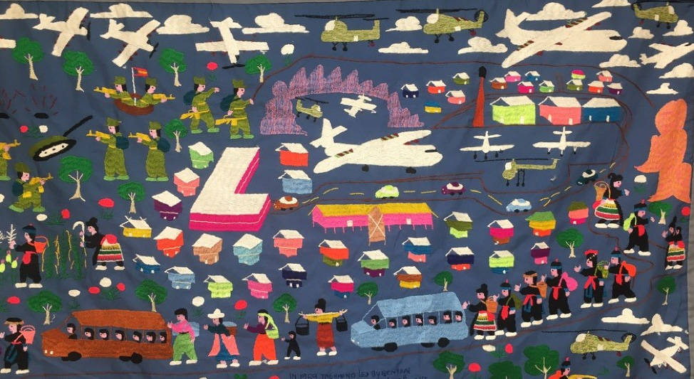 Top - refugees fleeing Laos & Bottom - line of people Hmong Story Cloth