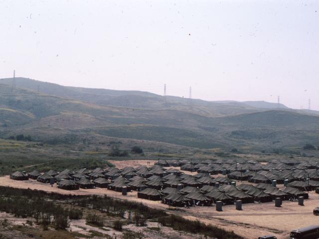 Aerial view of the tents and latrines set up for the Cambodian evacuees at Camp Pendleton in 1975. (David Kreng Collection)
