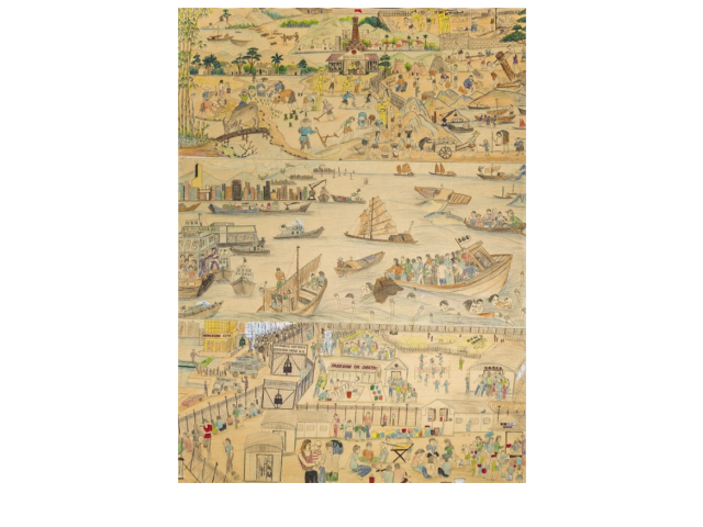 This large color pen and pencil artwork by Trinh Do illustrates three stages of the Southeast Asian refugee experience: homeland, escape, and refugee camp. The artwork is divided into three horizontal panels, moving from top to bottom.
