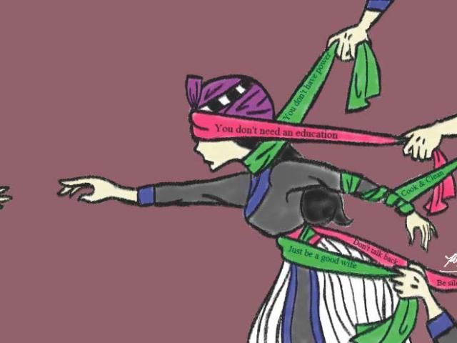 This piece of artwork titled “Txoj Sia,” created by Rachel Tshua Lor, depicts a Hmong woman trying to run away from being tied down by several “hlab si” (sashes).
