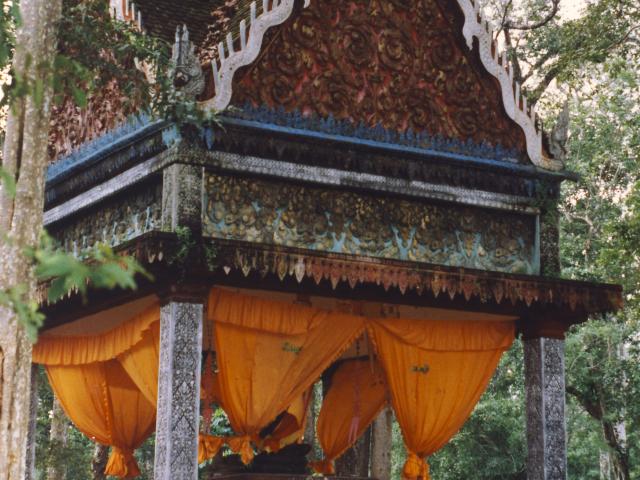 A Buddhist shrine (sala) in the Angkor area of Cambodia. The majority of Cambodians are Theravada Buddhist. The establishment of Buddhist temples was among the first things Cambodians did after arriving in the United States in 1975 and was one of the reasons so many Cambodians came to Long Beach in the early days.