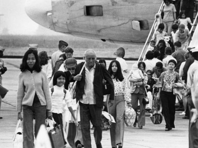 Refugees from Vietnam arriving at Camp Pendleton by plane.