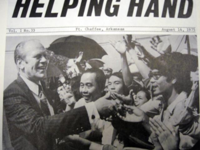 Newspaper published at Fort Chaffee, featuring President Gerald Ford welcoming Vietnamese refugees; 1975.