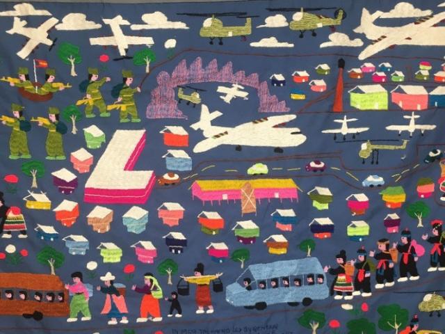 Top - refugees fleeing Laos & Bottom - line of people Hmong Story Cloth