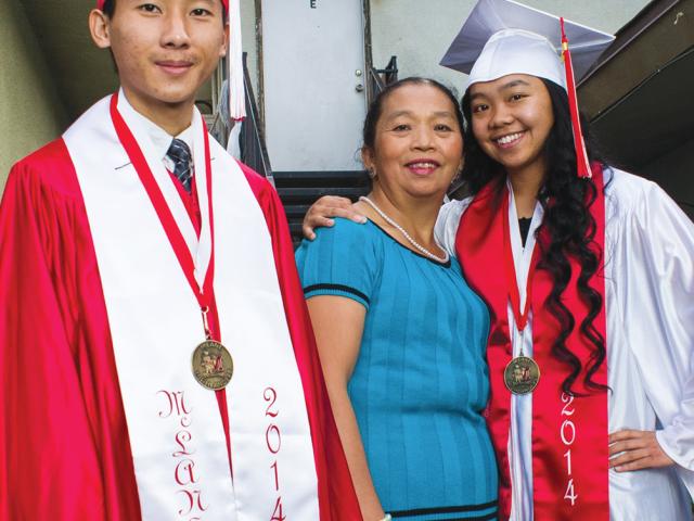"Photo of Hmong McLane High School graduates: Valedictorian Magna Cum Laude: Thai Vang and Salutatorian Linda Her and Linda's mother Kia Thao photographed by Joaquin Hernandez for Txhawb publication 2015 article “Against the Odds” "