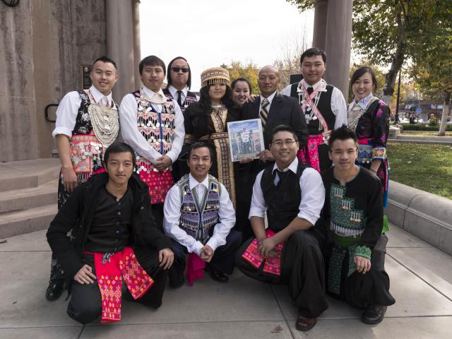 A few of the hundreds of participants at the 10th-annual Hmong New Year Celebration in downtown Chico, California, pose for their portrait taken by Carol M. Highsmith.