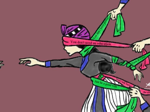 This piece of artwork titled “Txoj Sia” depicts a Hmong woman trying to run away from being tied down by several “hlab si” (sashes).
