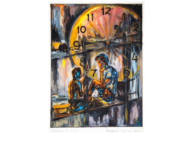  Model Curriculum Lessons Model Curriculum Lessons 100% 10 E42  This watercolor illustrates how refugees are a stateless people caught “neither here nor there.” Nguyễn, like many others, waited for the day when she would settle in a new country. Through light and shadow, the subdued color choices, and the imposing clock hovering over the two figures in tight quarters, the painting calls attention to a difficult life in waiting.      	 This watercolor illustrates how refugees are a stateless people caught “n