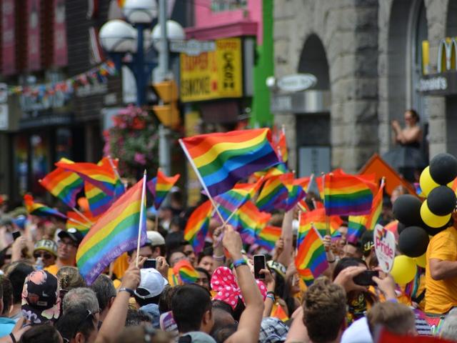 Pride flags wave in crowd
