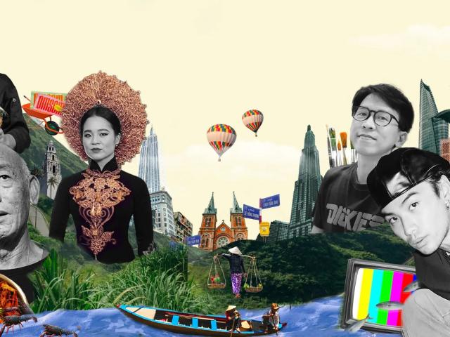 Collage of Vietnamese icons, people, symbols, and landscapes