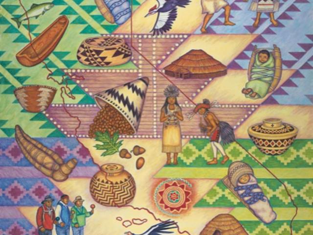 Colorful folk-art illustration of Indigenous motifs — baskets, birds, drums, canoes.