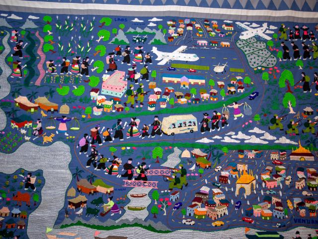 Story Cloth depicting Hmong life across Laos from Hmongstory Legacy Collection.
