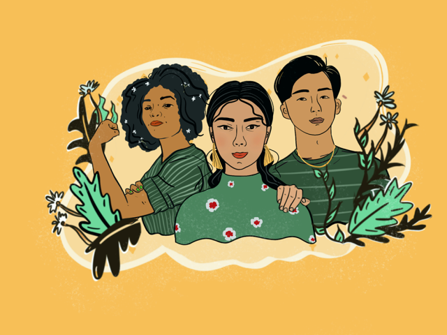Graphic illustration of three students