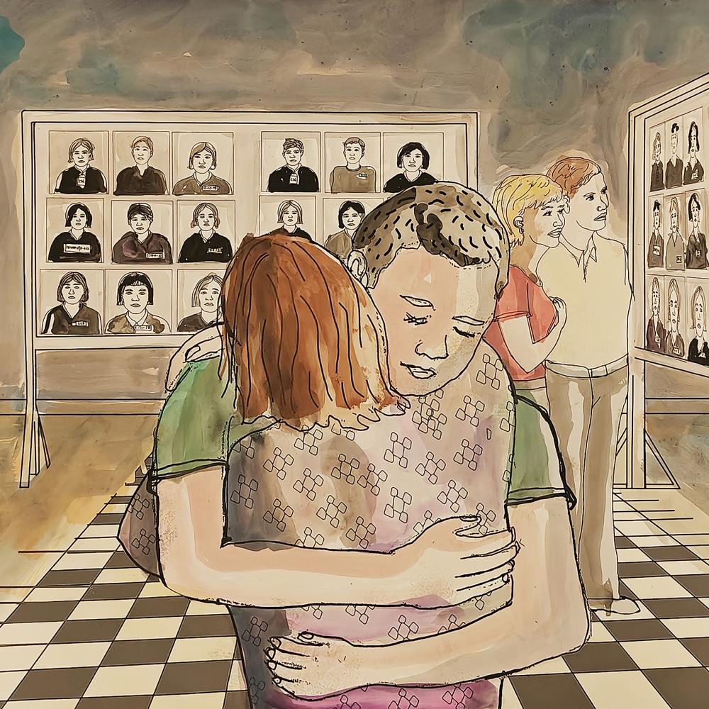 A art poster where a man is sitting and hugging a another women