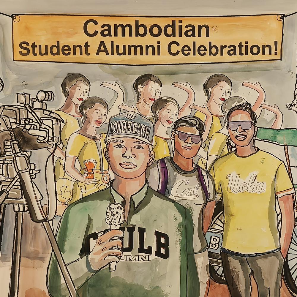 A art poster of few student an old man from Cambodian student alumni association standing in a strike