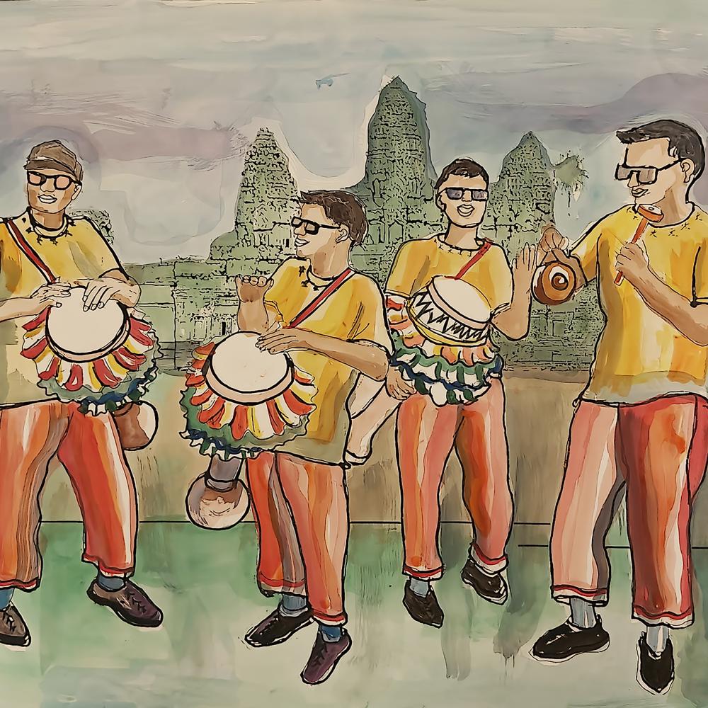 A art poster of 4 people standing and playing some music instrument