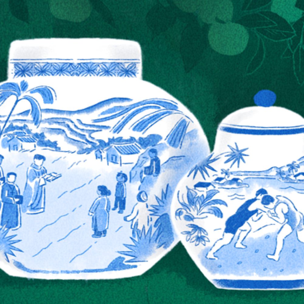 A poster painting of flasks with a green background