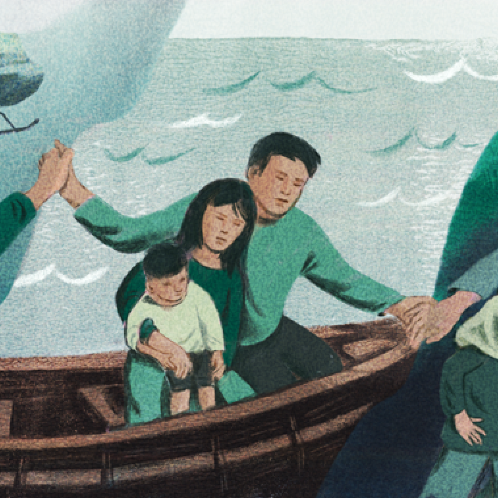 A poster sketch in green tint, where people are shaking handing and rowing boat