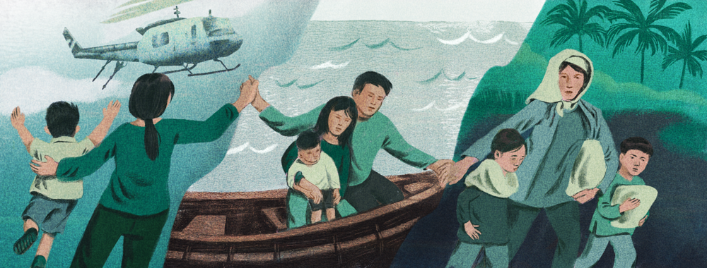 A poster sketch in green tint, where people are shaking handing and rowing boat