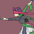 This piece of artwork titled “Txoj Sia,” created by Rachel Tshua Lor, depicts a Hmong woman trying to run away from being tied down by several “hlab si” (sashes).