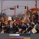 Hi-Tek protestors carrying American and Vietnamese flags