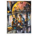 This watercolor illustrates how refugees are a stateless people caught “neither here nor there.” Nguyễn, like many others, waited for the day when she would settle in a new country. Through light and shadow, the subdued color choices, and the imposing clock hovering over the two figures in tight quarters, the painting calls attention to a difficult life in waiting.