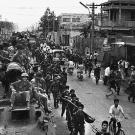 Jubilant communist troops make their way to the center of Saigon as the city fell under their control, April 30, 1975