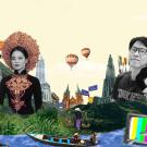 Collage of Vietnamese icons, people, symbols, and landscapes