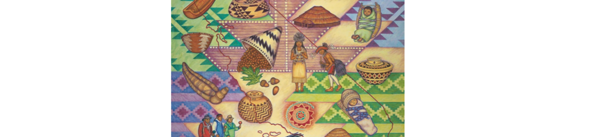 Artwork shows various Tribal representations from diverse Native peoples in California including traditional homes, basketry, regalia, acorns, and important animals to cultural groups.  The image has a thin red outline of the state borders and is filled with colorful basket design from cultures throughout the state.